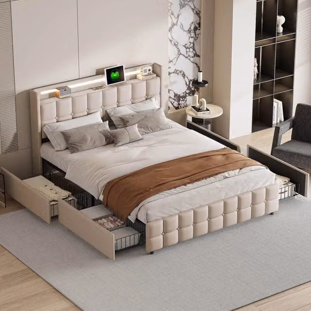 Letto imbottito 140x200 con Contenitore,letto matrimoniale con USB e LED,con 4 cassetti,struttura letto con rete a doghe,Lino beige