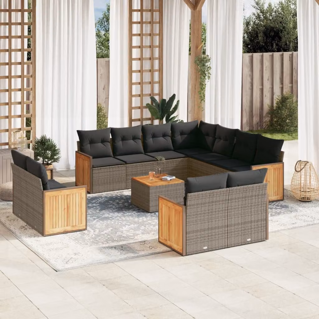 vidaXL Set di Divani da Giardino 12 Pezzi in Polyrattan Grigio con Cuscini e Tavolino da Esterno – 1