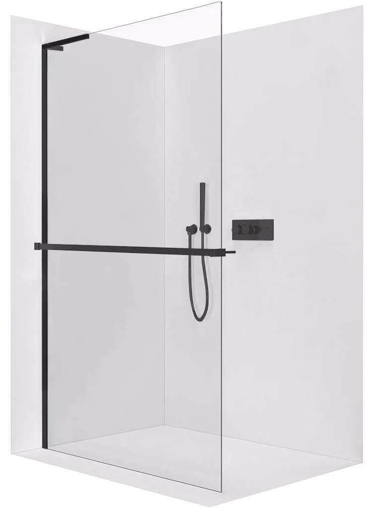 CERANO - Box doccia Walk-in Onyx con montante a sinistra - 8 mm + mensola/portasciugamani - nero opaco, vetro trasparente - 140x200 cm