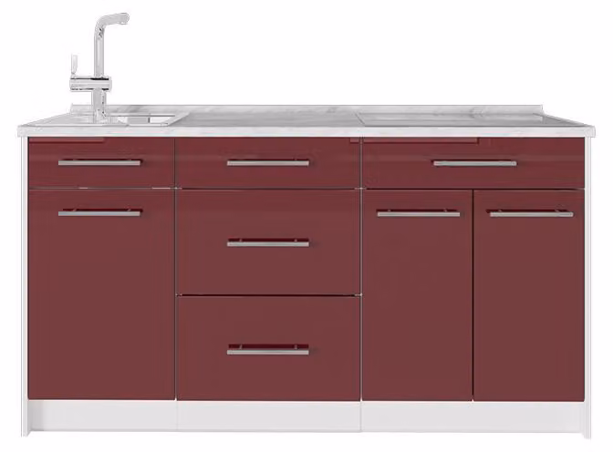 Cucine componibili piccole Vicco Fame-Line Bordeaux lucido/Bianco 150 cm piano di lavoro Marmo, Model 70428