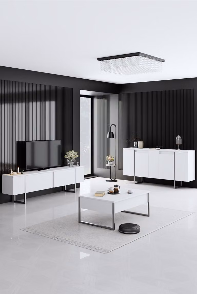 Skye Decor, Luxe - Bianco, Argento, Set di mobili per soggiorno, Bianco, 100% PANNELLI DI PARTICELLE RIVESTITI IN MELAMMINA, 180 x 30 x 50 cm