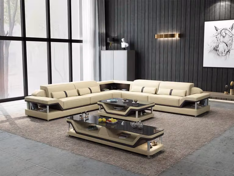 Ecksofa Schwarz mit Couchtisch 3tlg. Wohnzimmer Ledersofa Set Eckgarnitur Tisch