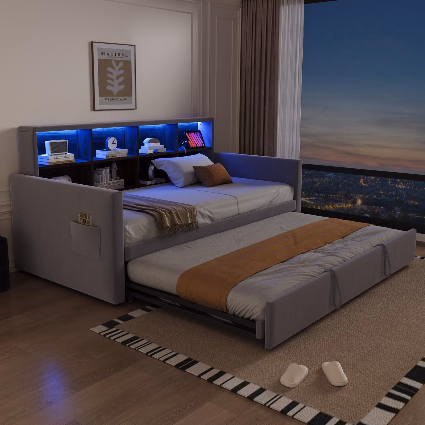 Flieks divano letto per ragazzi 90x190cm con letto estraibile, daybed con led, letto imbottito letto singolo con funzione di carico e contenitore, velluto, grigio chiaro