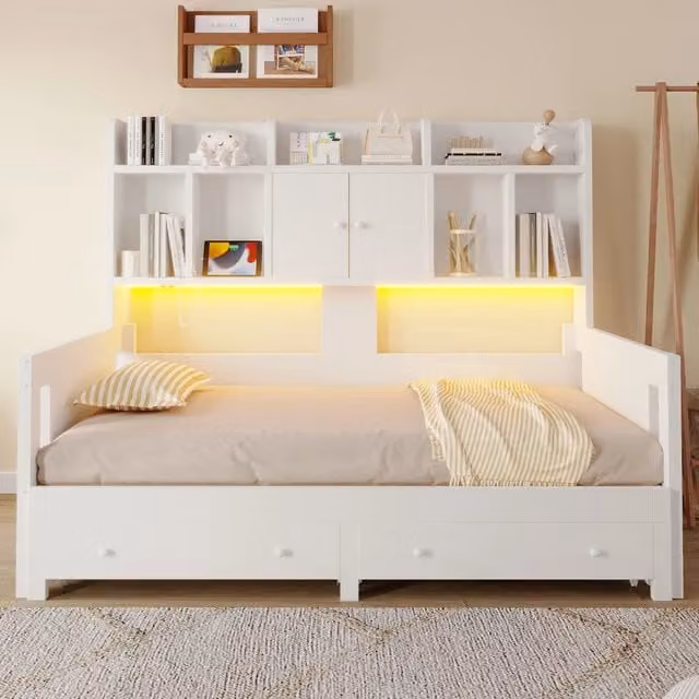 Divano letto estraibile 90x190 cm espandibile a 180x190 cm - Archiviazione e presa LED - Bianco