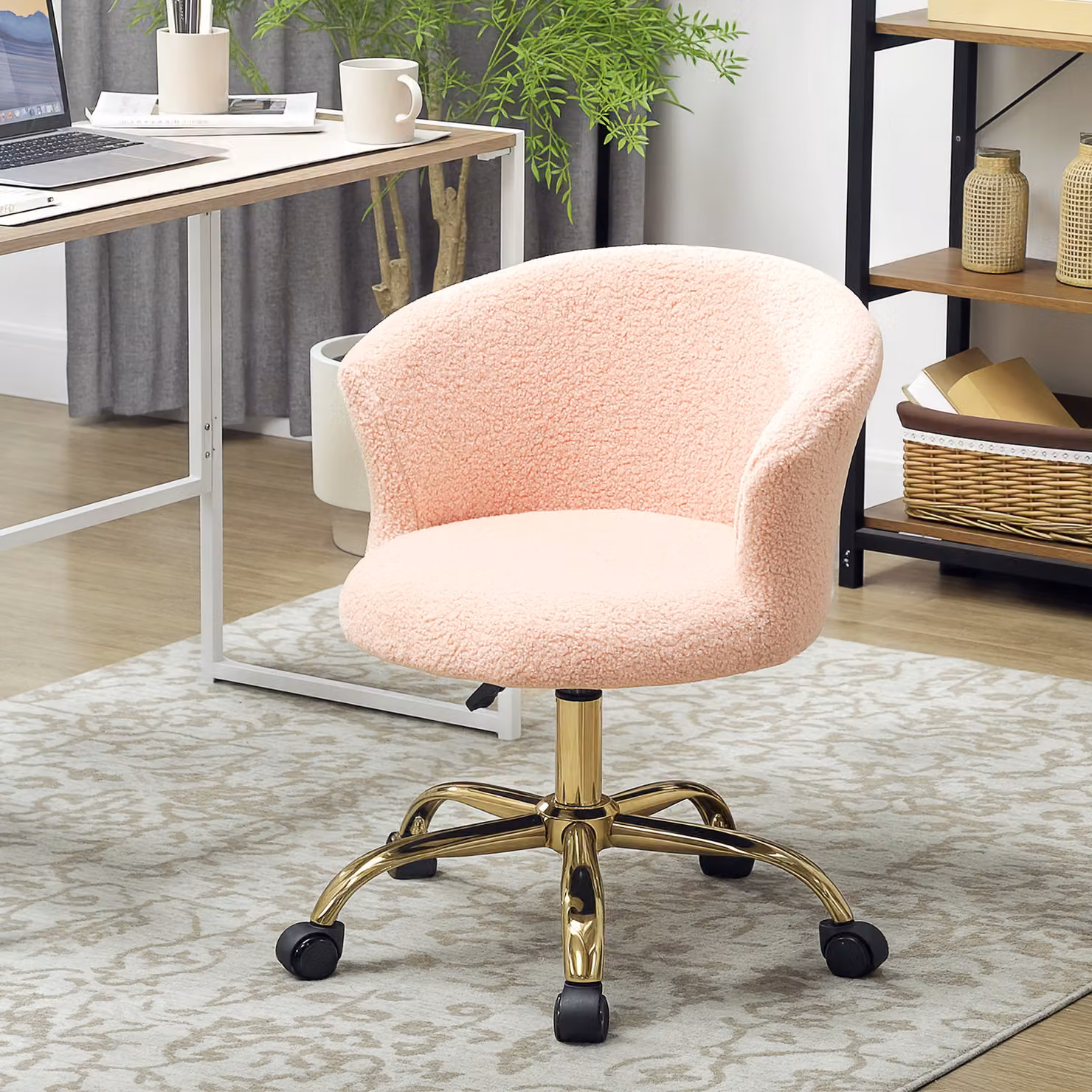 Poltrona da ufficio ergonomica Aosom Italy, seduta girevole a 360 gradi e regolabile in altezza, rivestimento in tessuto bouclé rosa, L: 58 cm, P: 56 cm, H: 76 cm – 2