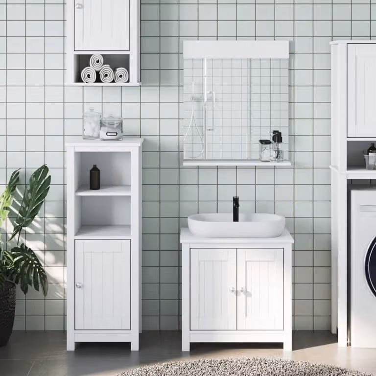 Set di mobili da bagno BERG vidaXL in legno di pino bianco, composto da 3 pezzi con base lavabo, mobile alto e armadietto con specchio