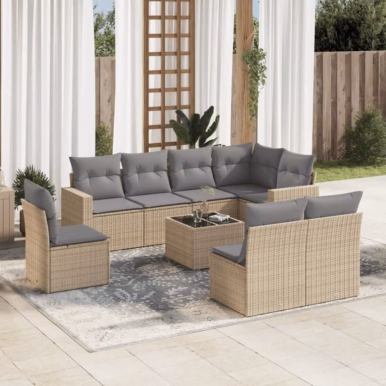 vidaXL Set Divano da Giardino a L 9 pz con Cuscini Beige e Tavolino in Metallo e Vetro