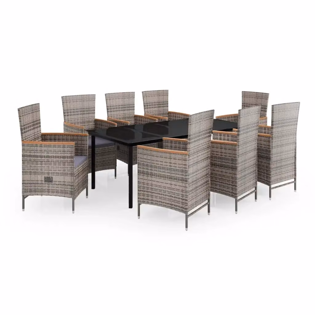 Set da pranzo da giardino vidaXL in polyrattan con tavolo in vetro e legno di acacia, 9 pezzi, Grigio e Nero – 2
