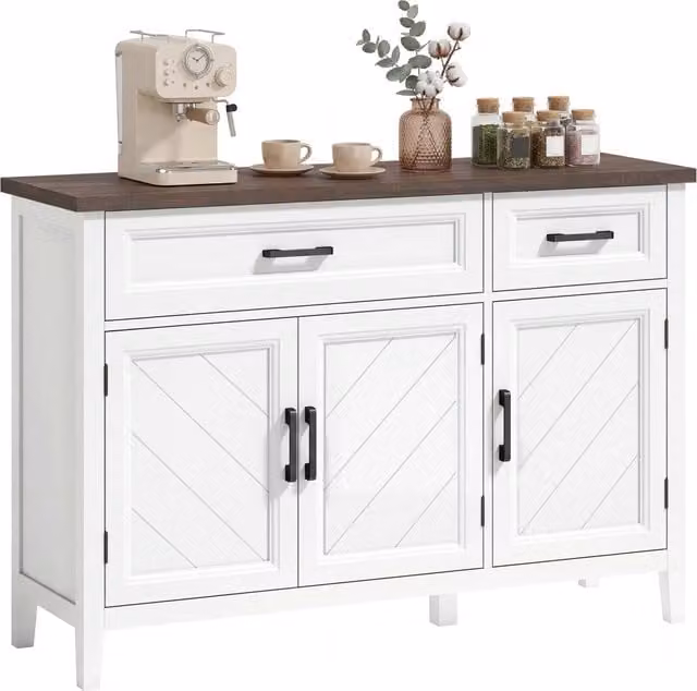 Credenza in legno e MDF per cucina o soggiorno in stile rustico, bianco e marrone, con design laccato e struttura freestanding
