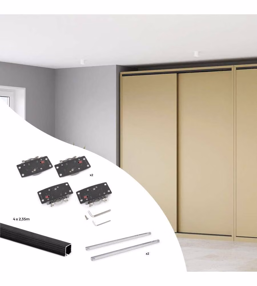 Kit di ferramenta Emuca Flow2 2 per porte scorrevoli con chiusura morbida e binari incassati, colore nero opaco, lunghezza binari: 2,35 m