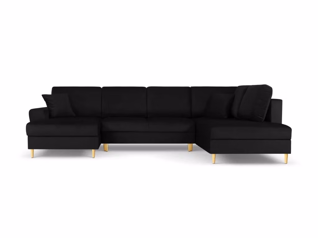 Divano panoramico convertibile Kyoto di Cosmopolitan Design con contenitore, 7 posti, modello a L con lato destro, rivestimento in velluto nero e dettagli oro, L 313 cm x P 175 cm x H 88 cm – 2