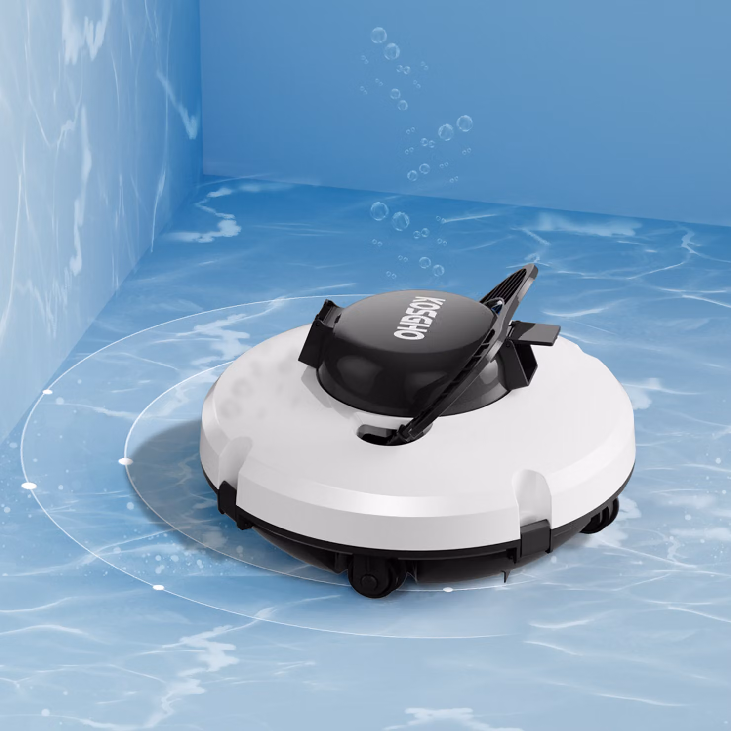 Pulitore a batteria per piscine - Robot automatico bianco con doppio motore, ideale per l'autopulizia di piscine poco profonde