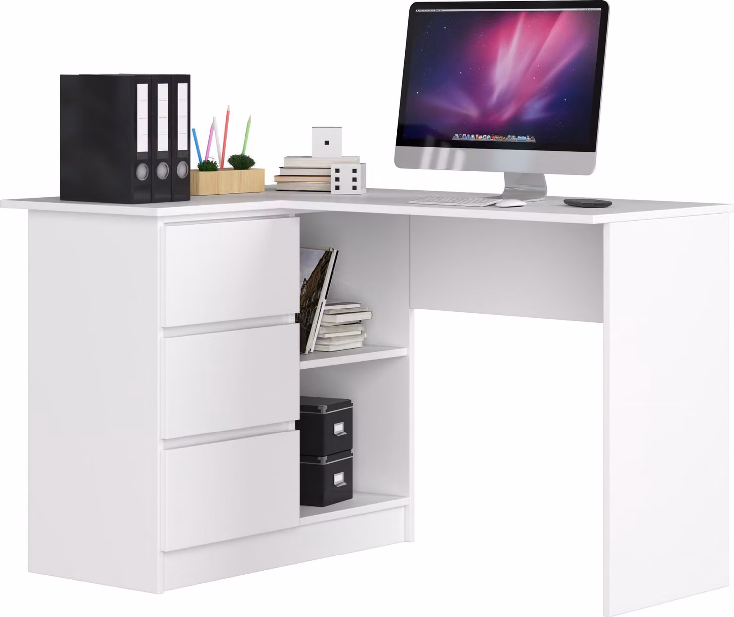 Scrivania angolare con tre cassetti, lato sinistro. Dimensioni: Altezza: 77 cm, Larghezza: 124,5 / 85 cm, Profondità: 45 / 48,5 cm