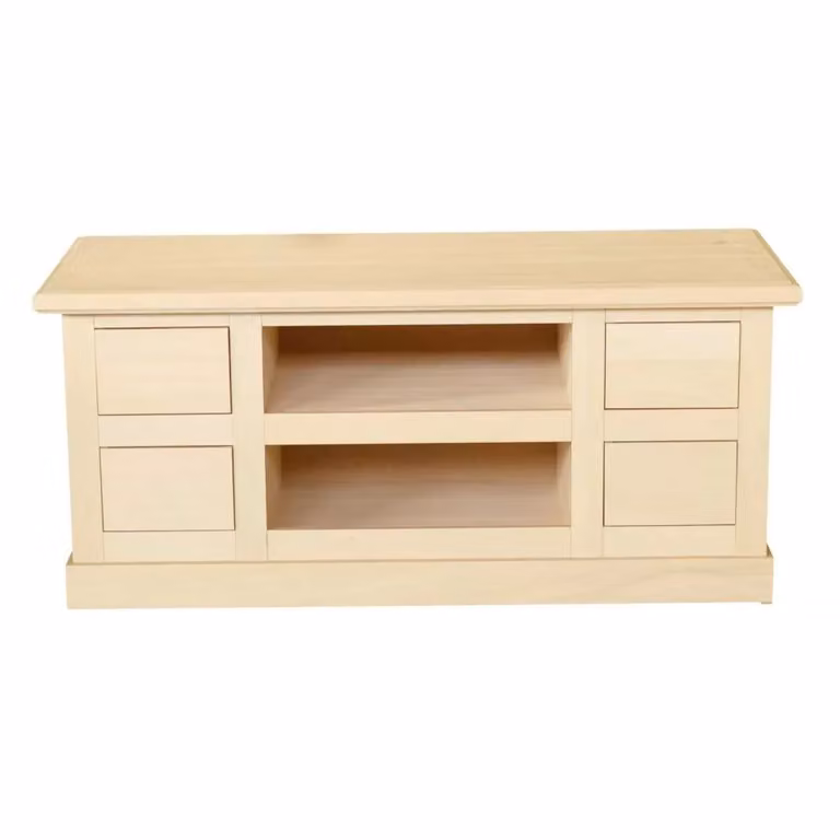 Porta TV Mobili 2G in legno di pino grezzo con 4 cassetti e 2 vani a giorno, colore beige, L 120 cm x P 50 cm x H 53 cm