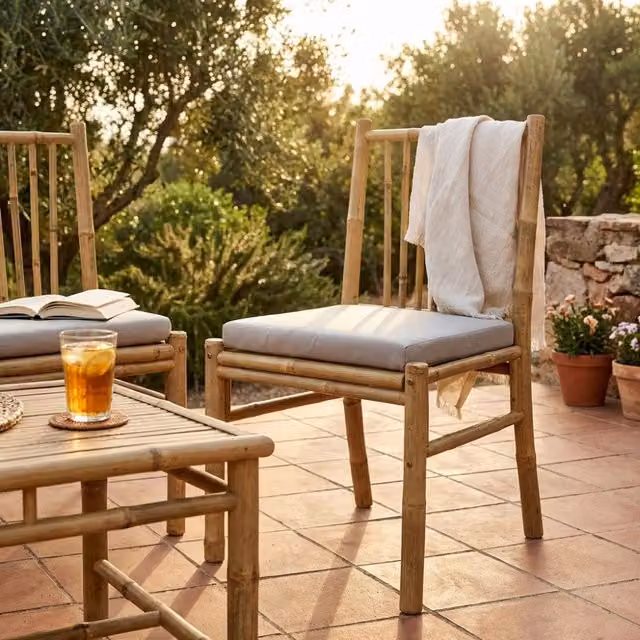 Sedia Cuba Libre Cosma in legno di bambu trattato con cuscini beige per esterno