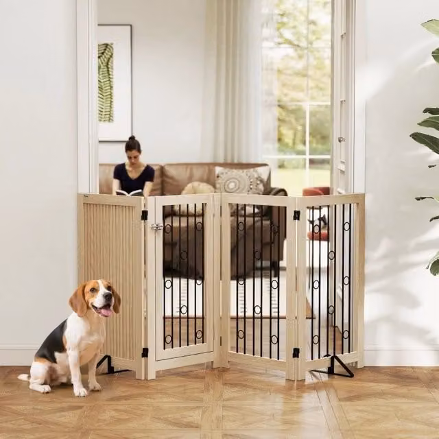 Cancelletto per Cani Autoportante a 4 Pannelli in MDF e Acciaio con Porta Integrata, Altezza 91,5 cm, per Cani di Taglia Media