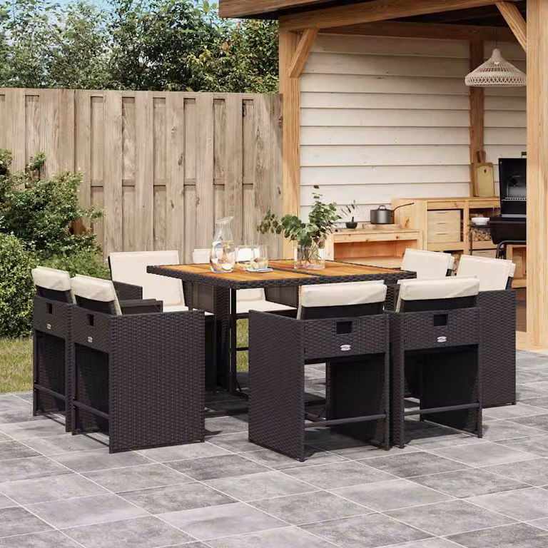 Set da pranzo da giardino vidaXL in polyrattan nero con cuscini e tavolo in legno di acacia per 9 persone