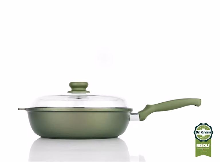Padella Padella Alta Dr. Green ad induzione in alluminio pressofuso con coperchio e un manico in bakelite, diam. 28cm