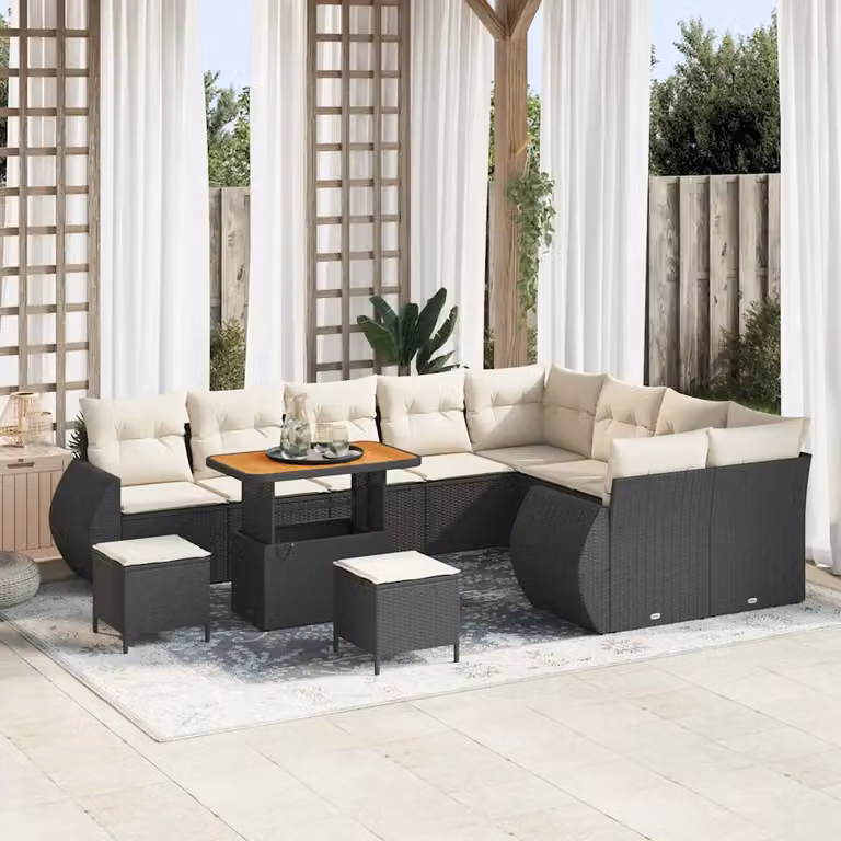 Set Divano da Giardino Moderno vidaXL 12 Pezzi Nero con Cuscini e Tavolino in Polyrattan e Acciaio