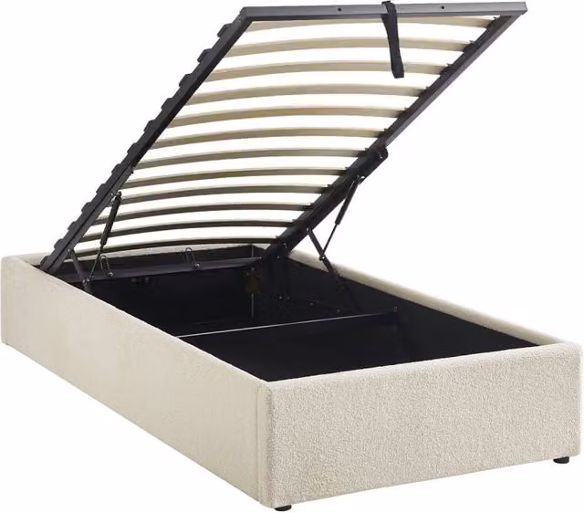 Letto con contenitore e rete a doghe Sweeek in tessuto bouclé imbottito