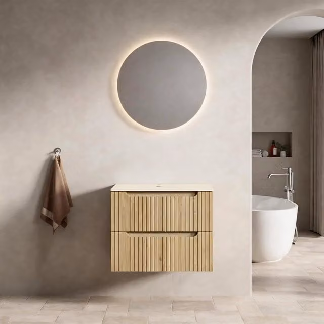 Mobile sottolavabo in multistrato con piano in pietra sinterizzata effetto travertino moderno per bagno rovere chiaro