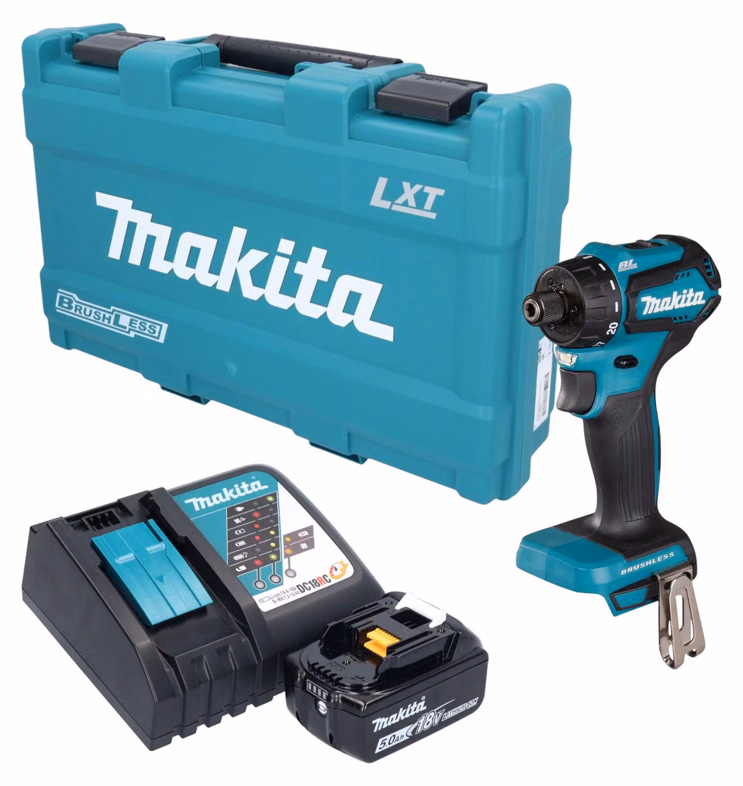 Trapano avvitatore a batteria Makita DDF 083 RT1K 18 V 40 Nm 1/4" brushless + 1 batteria da 5,0 Ah + caricabatterie + valigetta