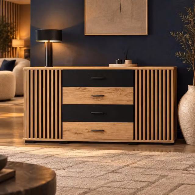 Sideboard 140x35x70 cm in MDF con 4 cassetti e 2 ante effetto scanalature verticali, ripiani regolabili, combinazione rovere e nero