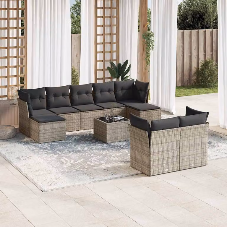 vidaXL Set Divano da Giardino 10 pz in Polyrattan Grigio con Cuscini e Tavolino da Caffè