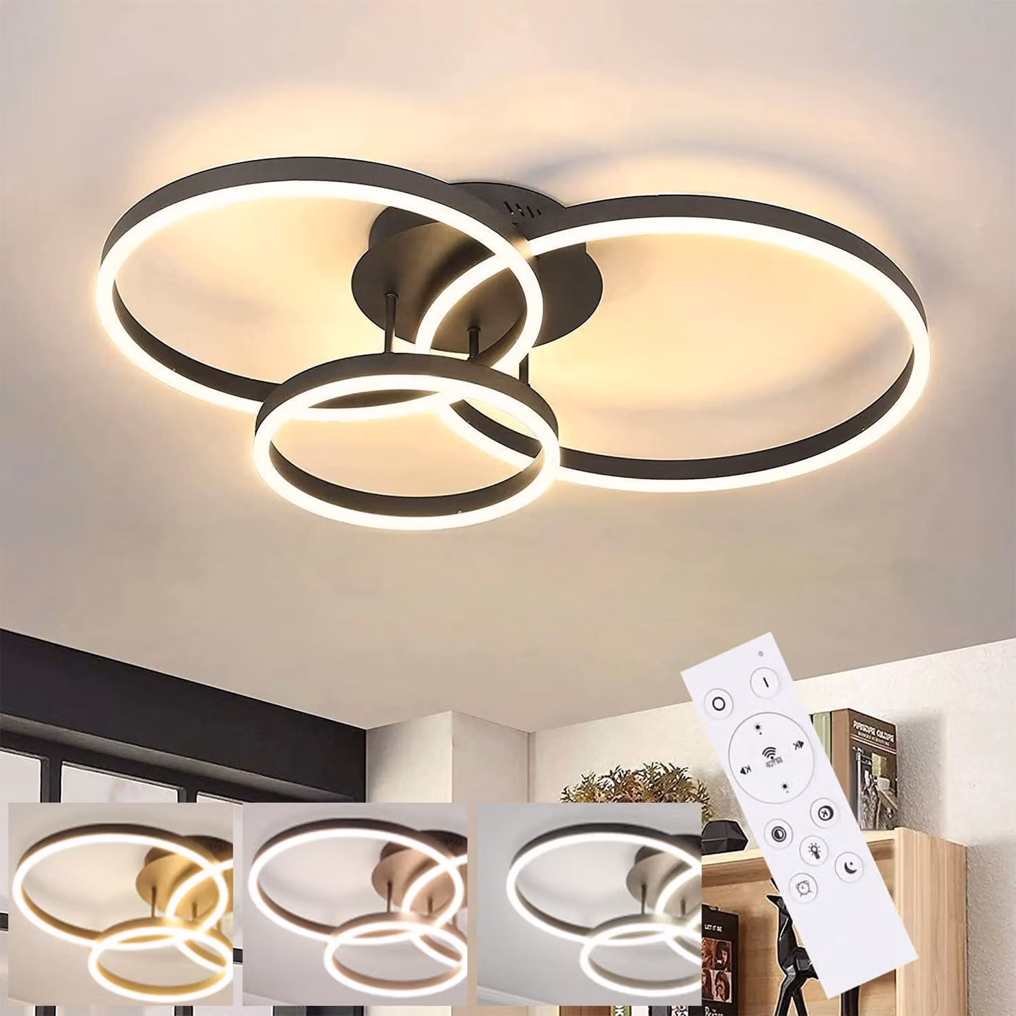 ZMH Plafoniera LED per soggiorno dimmerabile con telecomando Plafoniera a 3 cerchi moderna in nero 74W
