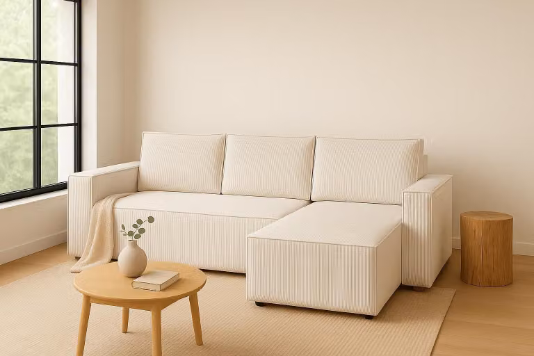 Divano angolare GUTTO CORDA CREME in tessuto a coste con funzione sleep - design moderno in colori di tendenza