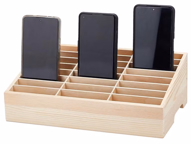 Contenitore per telefoni a 24 scomparti - Organizer in legno - Organizzazione dei telefoni cellulari - Ideale per scrivania, ufficio, riunioni - Dimensioni: 30,8 x 19 x 10,5 cm - Supporto per telefono