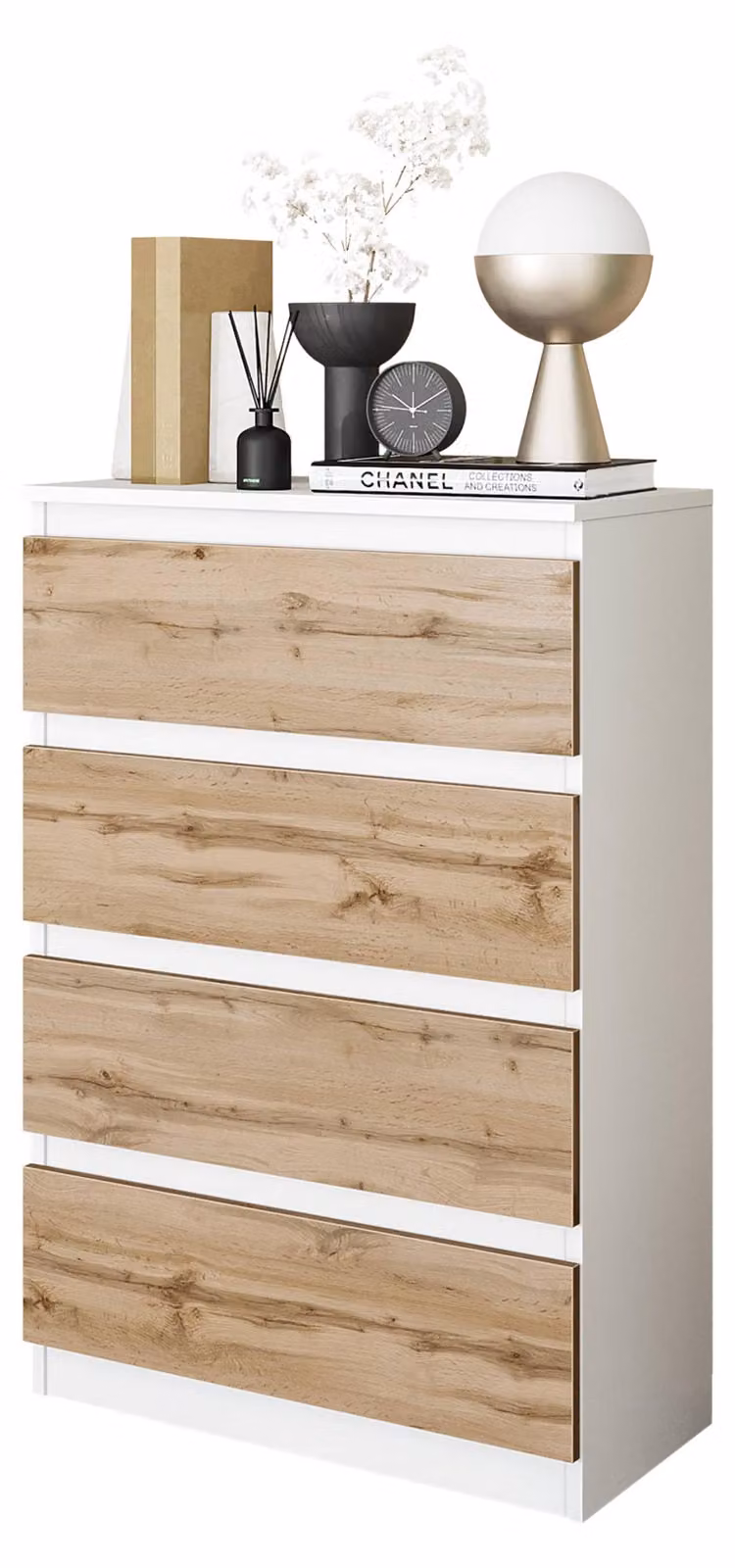 Comodino bianco opaco / rovere Wotan con 4 cassetti – Comodino compatto per camera da letto e soggiorno – Credenza moderna – GABRIEL