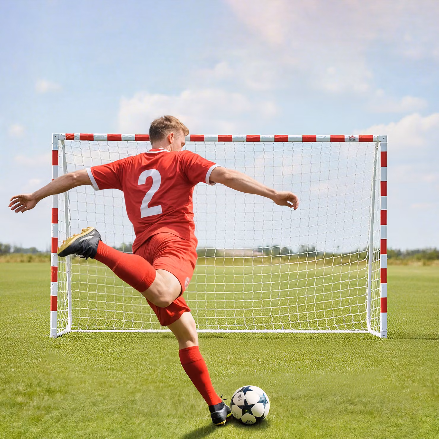 Rete da calcio e porta da calcetto HOMCOM in plastica e tessuto, bianco e rosso, L: 302 cm, P: 83 cm, H: 201 cm – 2