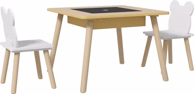 Set da tavolo per bambini AIYAPLAY con 2 sedie e vano portaoggetti in legno e MDF, stile scandinavo, colori beige, marrone o bianco – 1