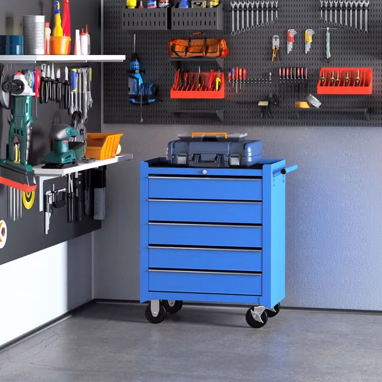 Carrello portautensili mobile in acciaio con 5 cassetti su ruote, disponibile in rosso o blu