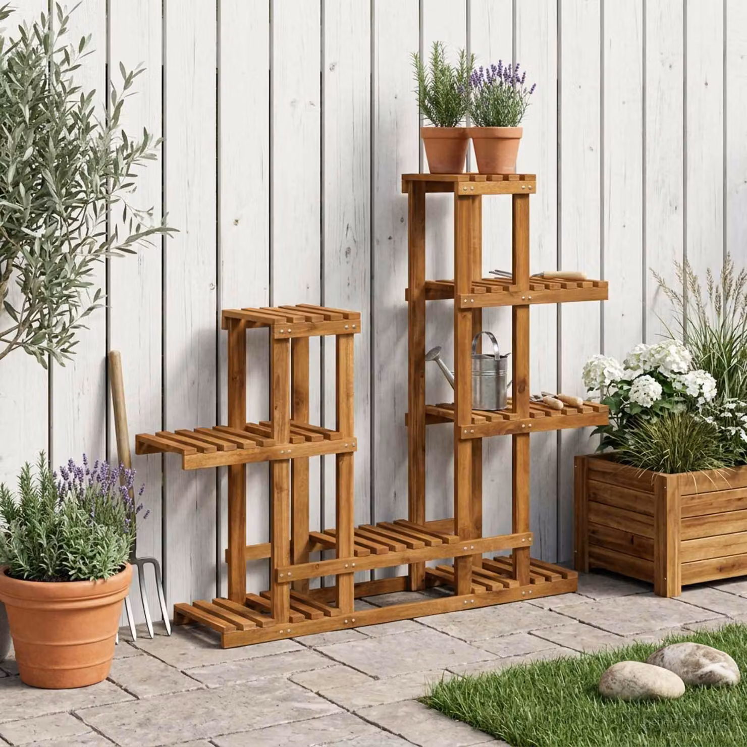 Supporto per piante moderno vidaXL in legno di acacia naturale, L 118 x P 25 x H 96,5 cm