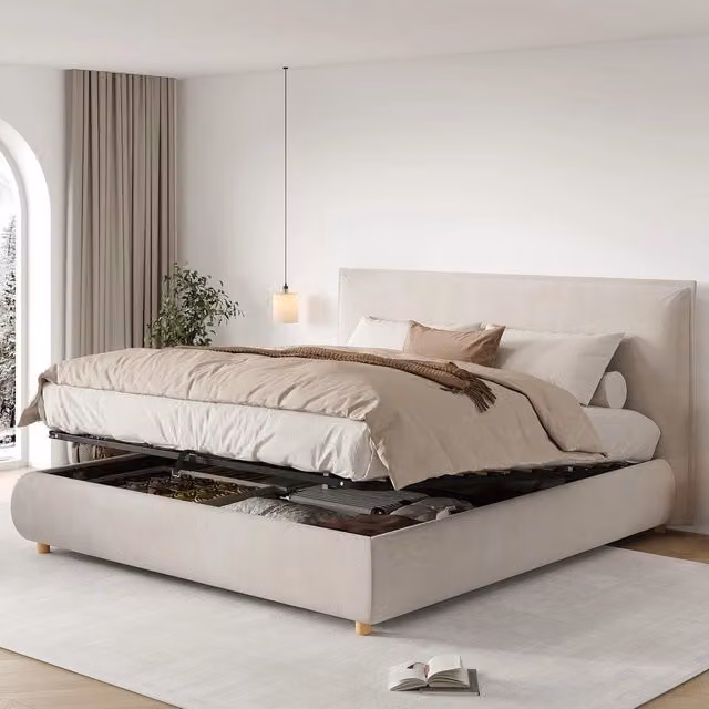 Letto Imbottito Contenitore Matrimoniale ¨C Xylo ¨C Velluto Crema, Idraulico, 180x200