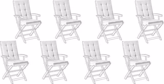 Set di 8 cuscini Beliani per sedute e schienale da esterno, colore bianco, in poliestere idrorepellente e resistente ai raggi UV con lacci di fissaggio