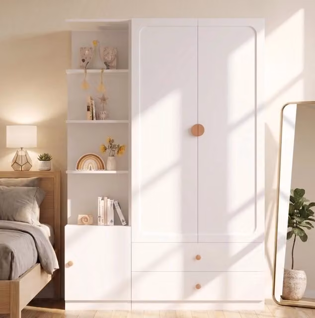 Armadio guardaroba multifunzione 135x45x200 cm con 2 appendiabiti e 2 cassetti; bianco