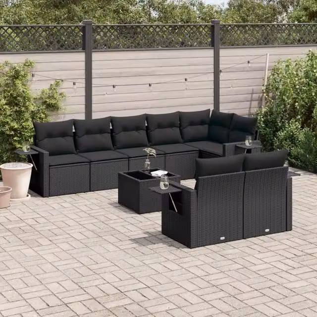 Set Divani da Giardino 9 pz con Cuscini Nero in Polyrattan 3252762