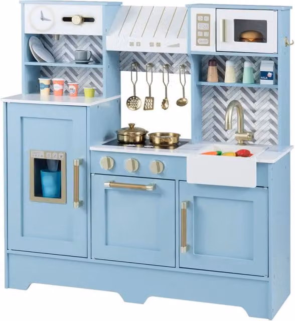 Cucina da gioco in legno per bambini con forno a microonde e distributore di ghiaccio, colore blu