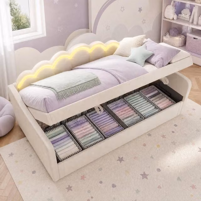 Letto singolo con contenitore Mivray in velluto beige con illuminazione LED e testiera ondulata in MDF, L/P: 90 x 200 cm