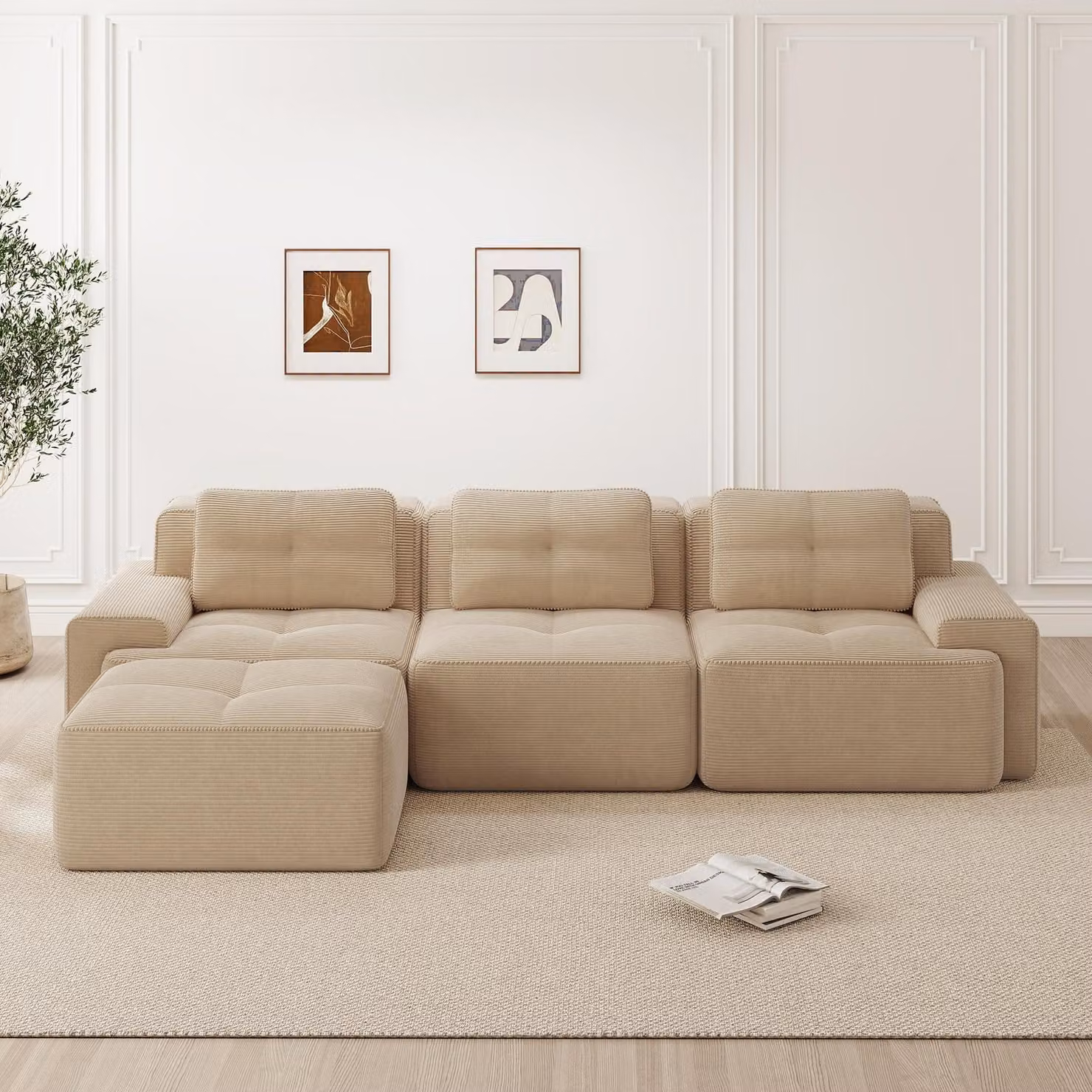 Divano modulare a forma di L, modello Cloud, 3 posti, con pouf, senza necessità di montaggio, seduta profonda (beige)