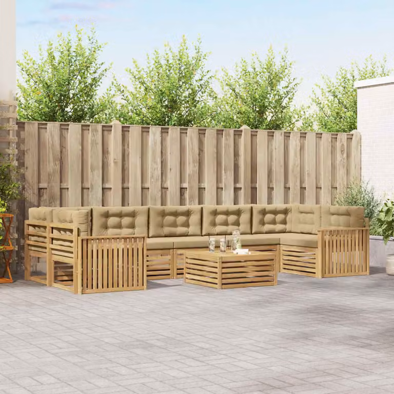 vidaXL Set di divani da esterno a forma di U composto da 8 pezzi in legno di acacia con cuscini Bianco e Beige