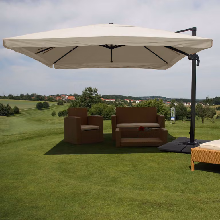 Ombrellone a semaforo per la ristorazione MCW-A96, 3x4 m (Ø 5 m), poliestere, alluminio/acciaio, 26 kg ~ Flap, grigio crema con base, orientabile
