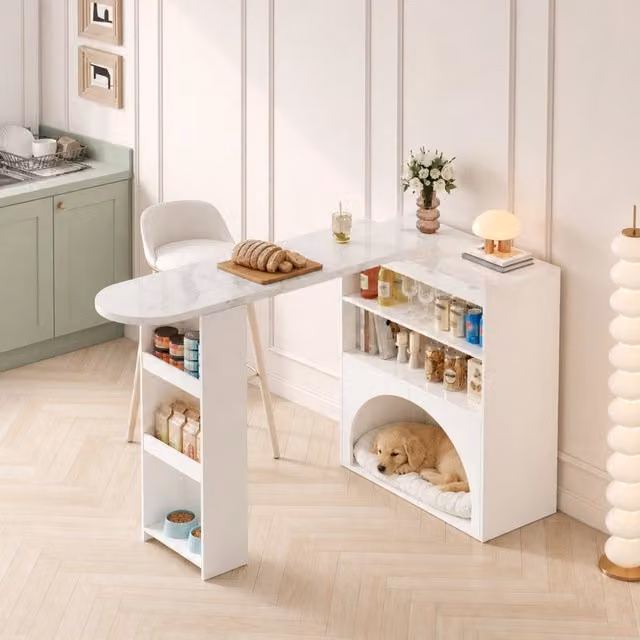 Tavolo da pranzo e bancone moderno estensibile, girevole, con area per animali domestici (senza ciotole né cuscini), bianco con piano effetto marmo, 120(+80)x40x100 cm