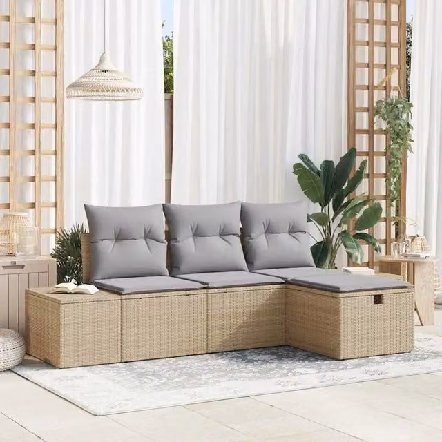 Set Divano da Giardino con cuscino 4 pz-Sofa da Giardino-Divanetto da esterno Beige Poly Rattan 341695