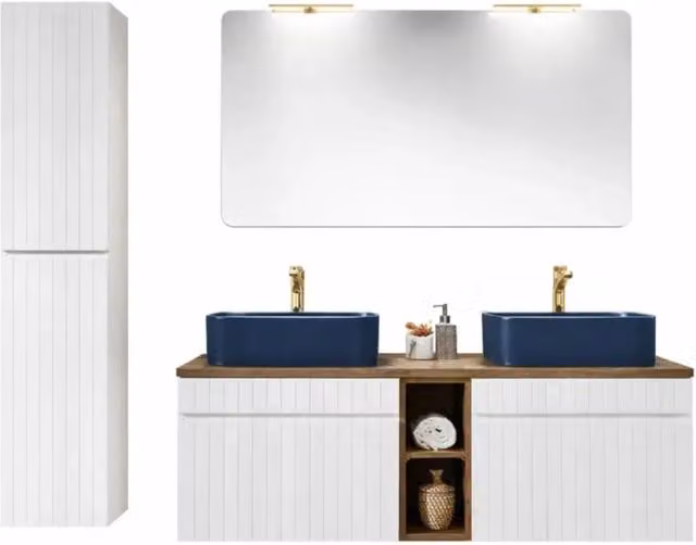 Set ICON Meublorama: mobile sottolavabo bianco con nicchie in legno, due lavabi da appoggio blu, specchio con LED e colonna per bagno – 1