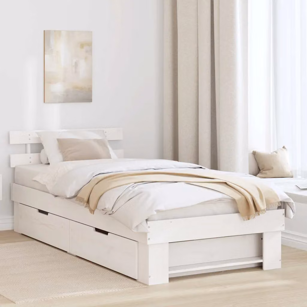 Struttura del letto moderna vidaXL in pino massello bianco con cassetti L 100 x 200 cm, P 208 cm, H 73 cm