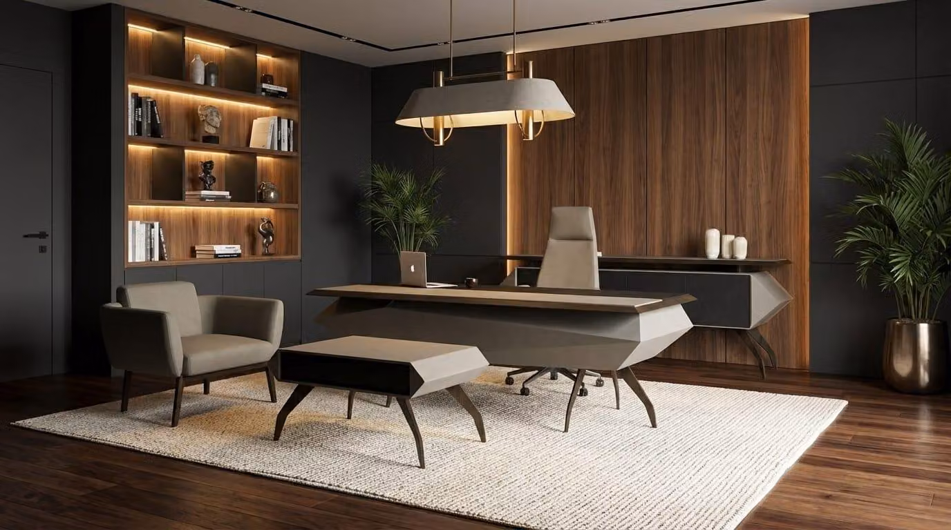 Set moderno per ufficio, composto da scrivania, mobile contenitore laterale e tavolino da caffè
